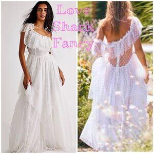 LoveShackFancy Faraway Fancy Noni Dress Swiss dot off shoulder ruffles wedding